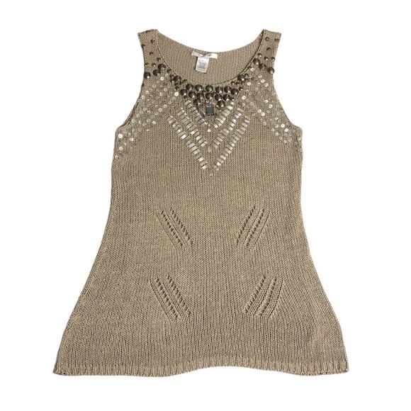 Vertigo Paris Top Womens L Tan Open Knit Embellished Tunic Tank Boho Festival - Picture 1 of 16